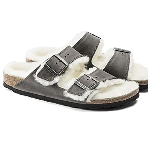 NWB! Birkenstock Men's Arizona Shearling Sandals, Iron/Natural, Grey, Tan,  8 US - Picture 3 of 9